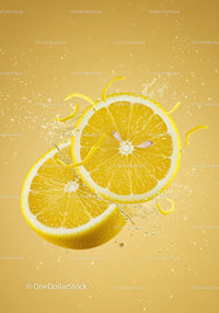 Fresh lemon slices splashing in vibrant yellow background