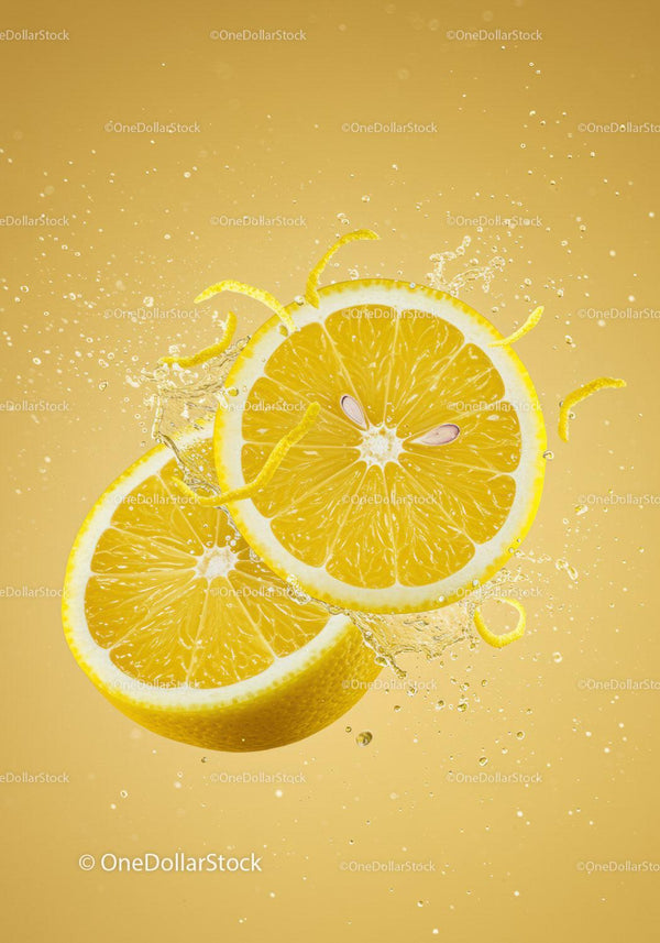 Fresh lemon slices splashing in vibrant yellow background