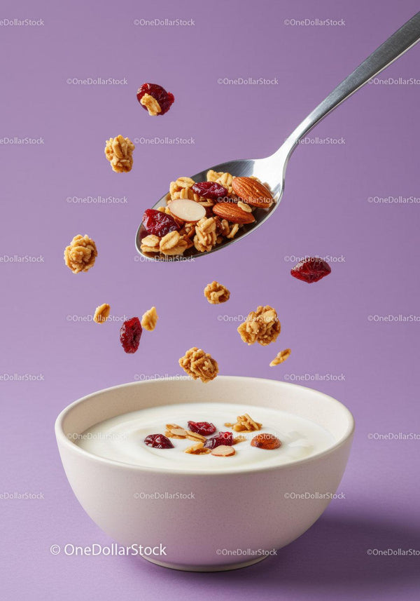 Granola i jagody spadające do kremowej miski jogurtu