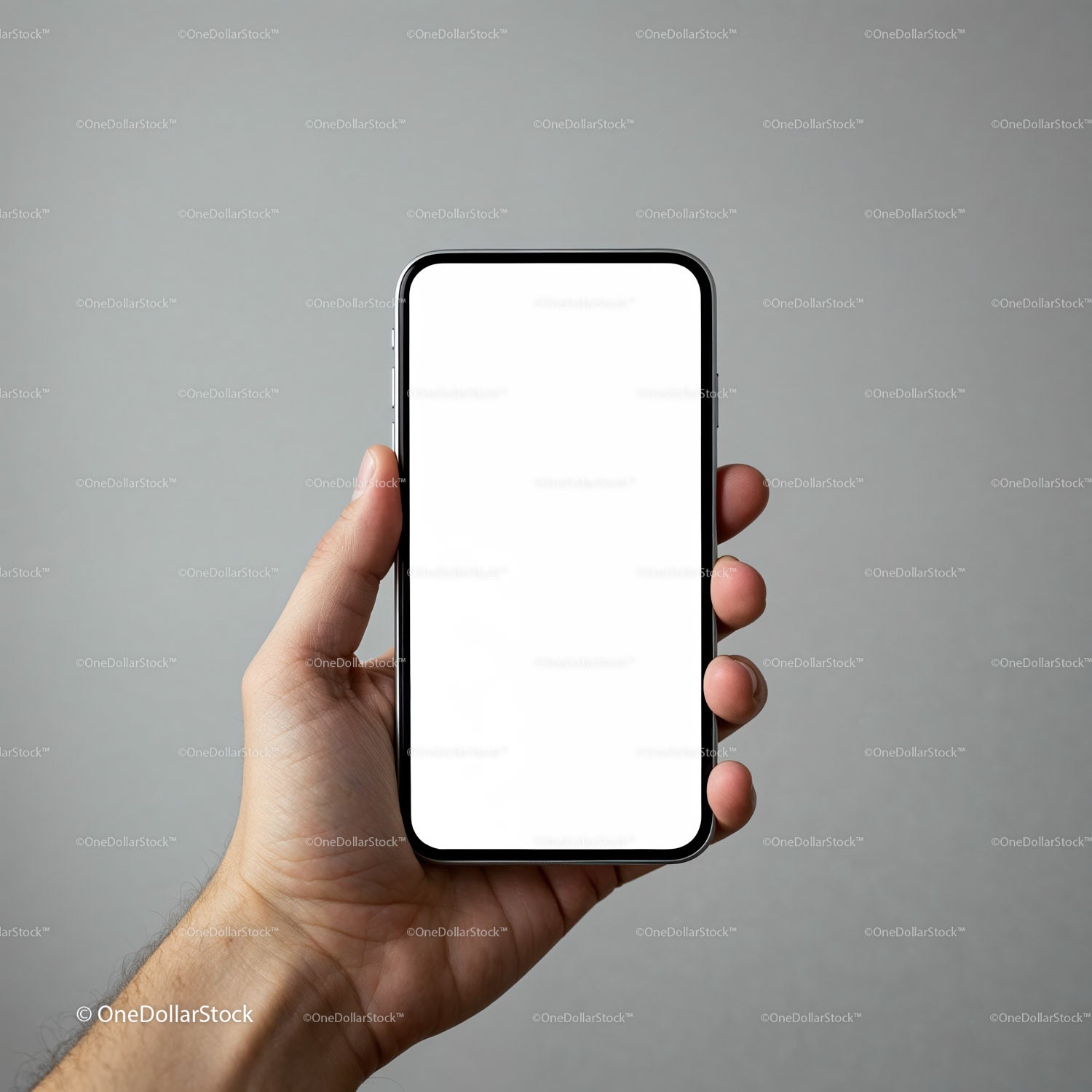 Ręka trzymająca smartfon z pustym, białym ekranem