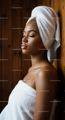 Relaxing Spa Woman with Towel and Calm Expression in Cozy Setting