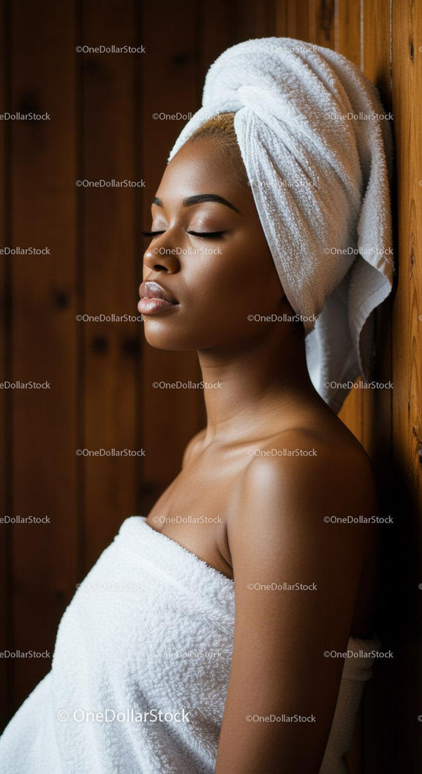 Relaxing Spa Woman with Towel and Calm Expression in Cozy Setting