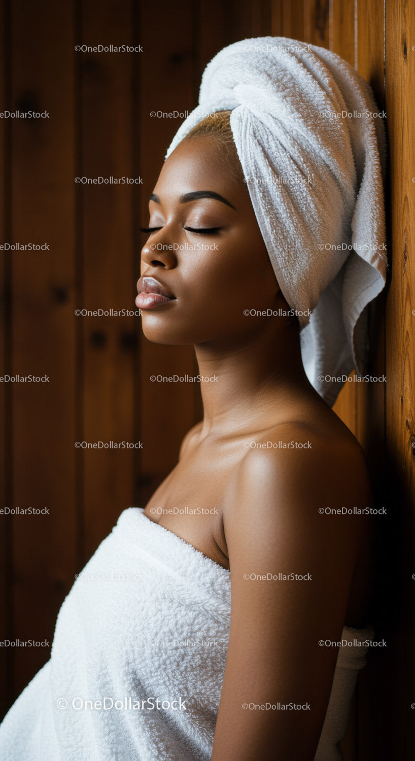 Relaxing Spa Woman with Towel and Calm Expression in Cozy Setting