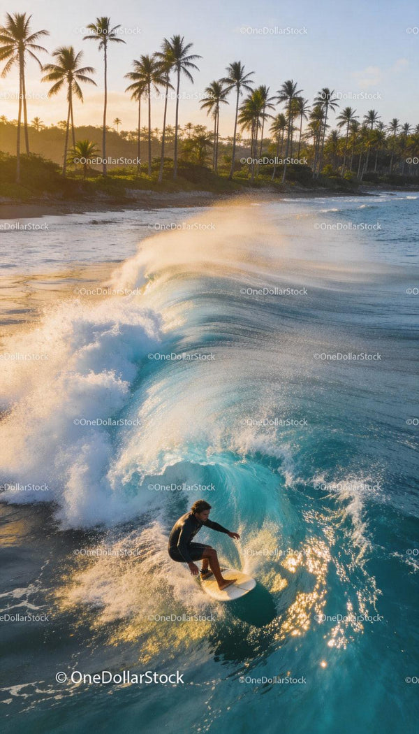 Surfer Riding a Crystal Clear Wave at Tropical Beach
