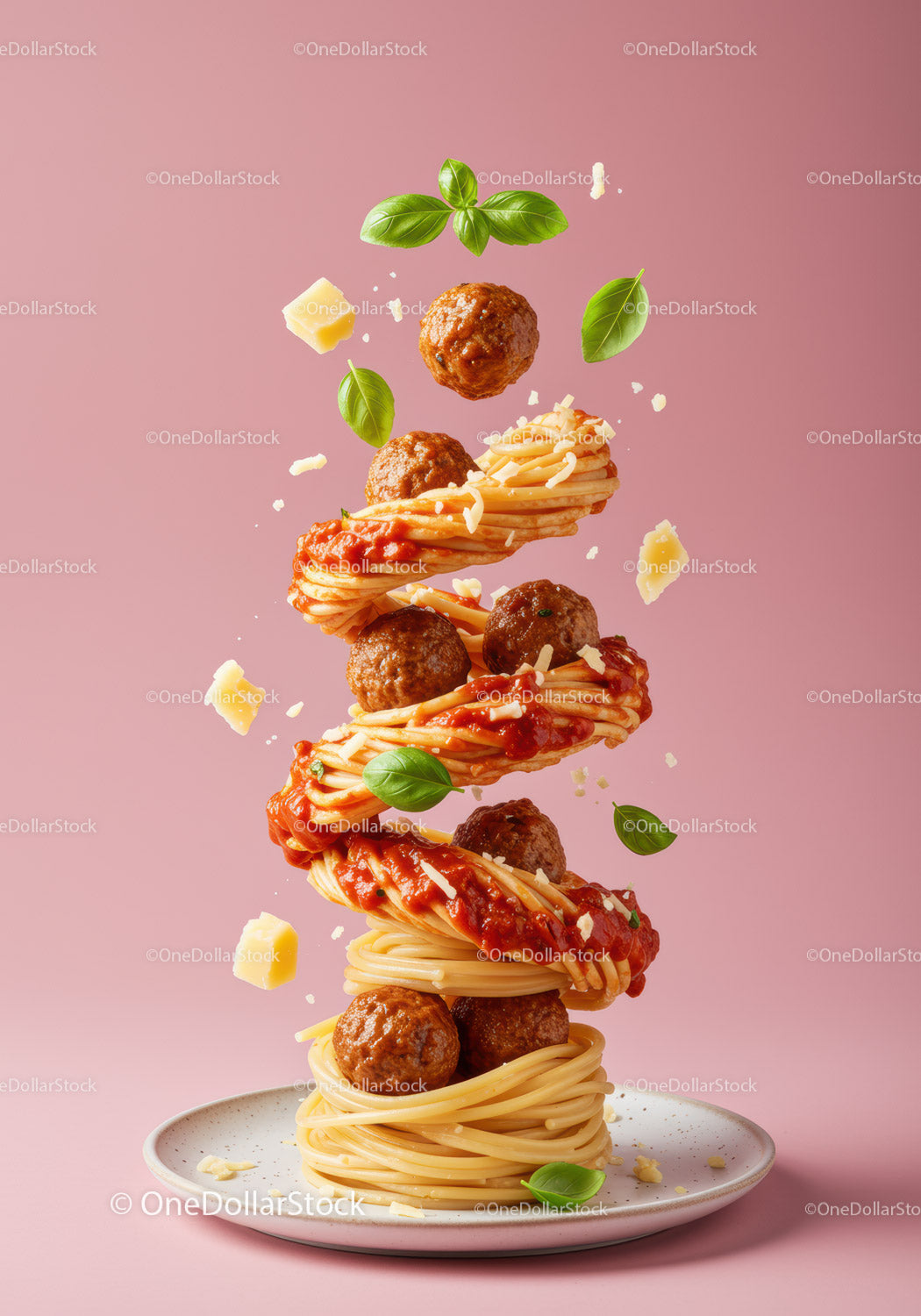 Spirala spaghetti z klopsikami i świeżą bazylią