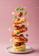 Spiral of spaghetti with meatballs and fresh basil