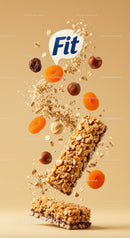 Healthy cereal bar with nuts and dried apricots flying