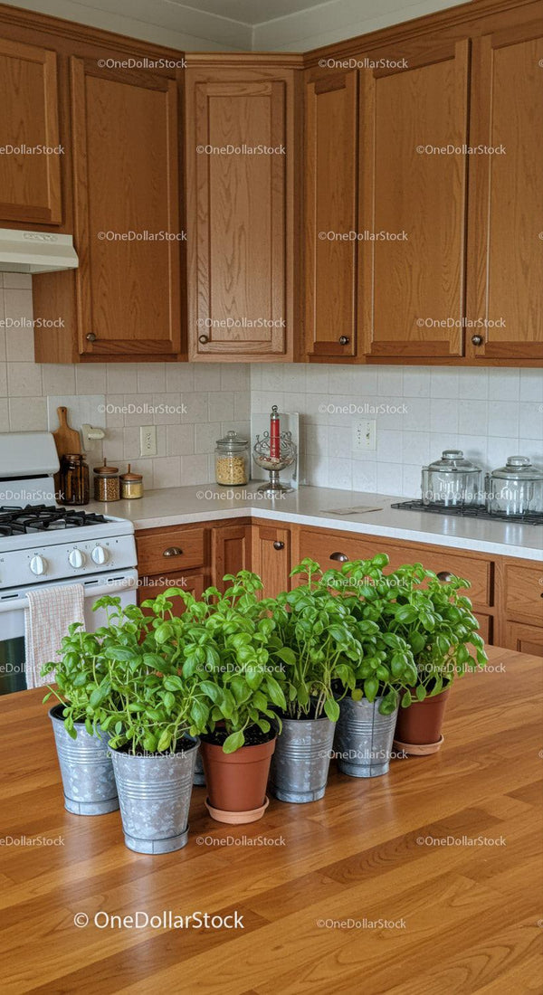 Cozy Kitchen with Wooden Cabinets and Fresh Basil in Pots
