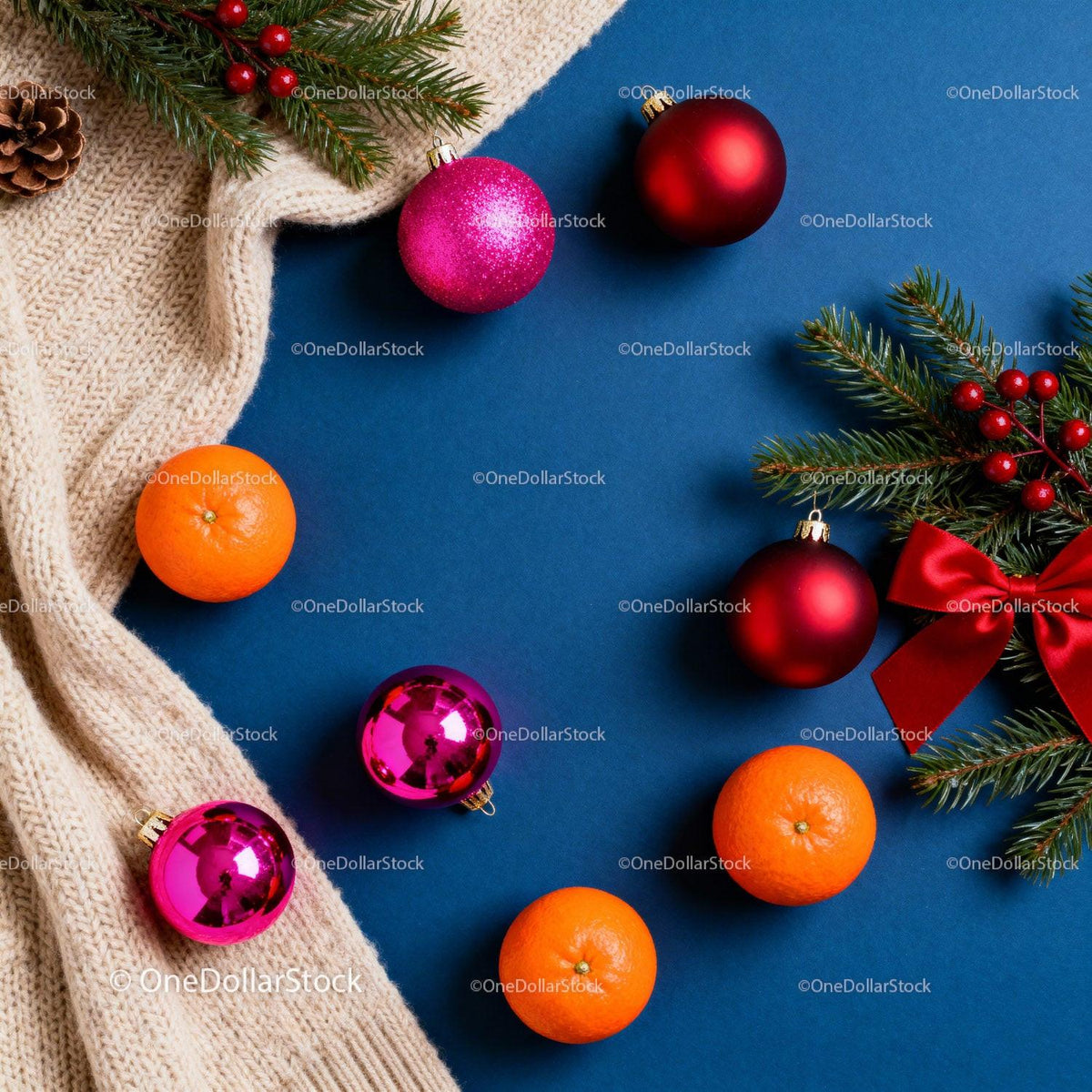 Festive Ornaments and Fresh Tangerines on Blue Surface