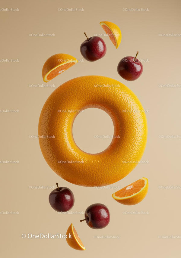 Creative floating orange ring with whole apples and slices