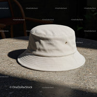 Beige bucket hat resting on textured concrete table