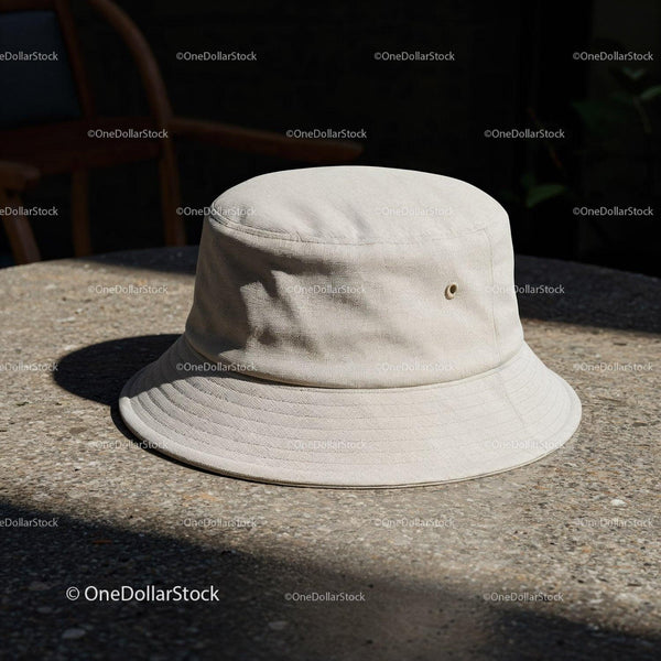 Beżowy kapelusz typu bucket na teksturowanym betonowym stole