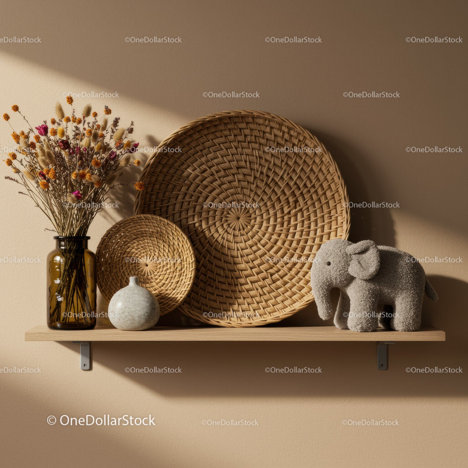 Cozy decorative shelf with dried flowers and handmade baskets