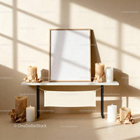Minimalist cozy corner with candles and blank frame JPG Mockup Image preview