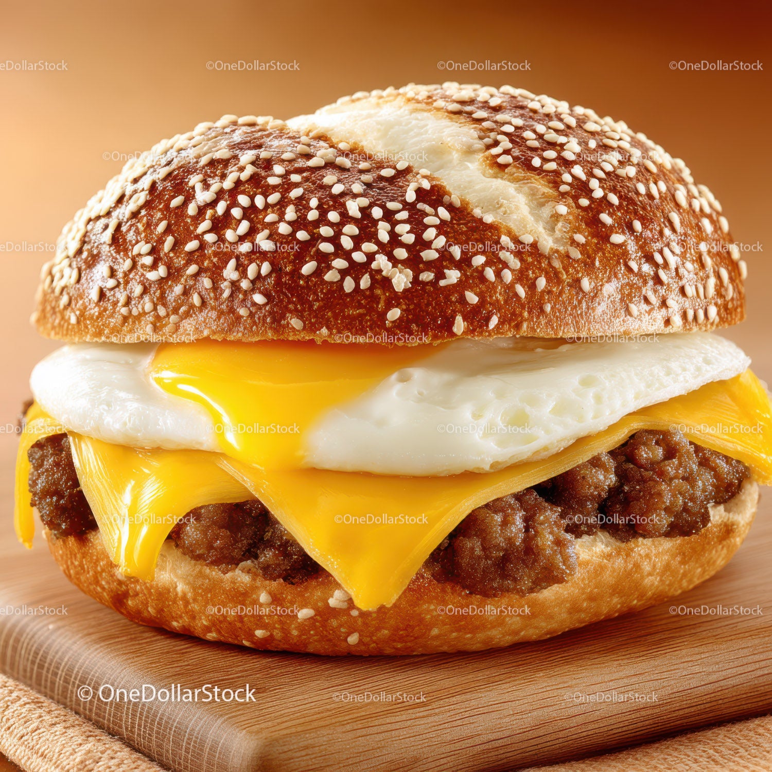 Burger wołowy z serem i jajkiem sadzonym w bułce z sezamem