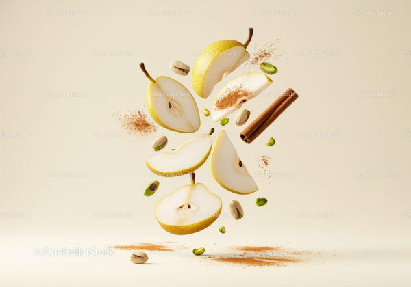 Fresh Pear Slices with Cinnamon and Pistachios Floating