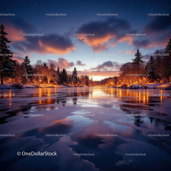 Winter river at sunset with glowing street lights