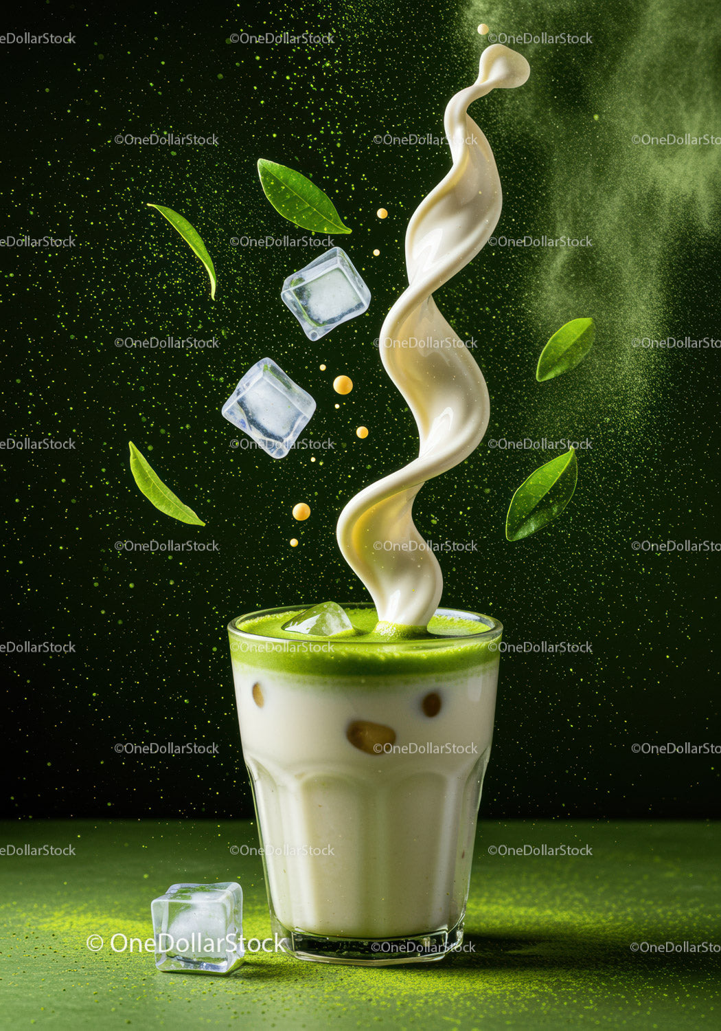 Iced Matcha Latte with Cream Splash and Green Tea Leaves