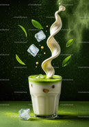 Iced Matcha Latte with Cream Splash and Green Tea Leaves