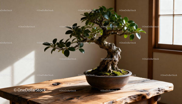 Drzewko bonsai w promieniach słońca na drewnianym stole w środku