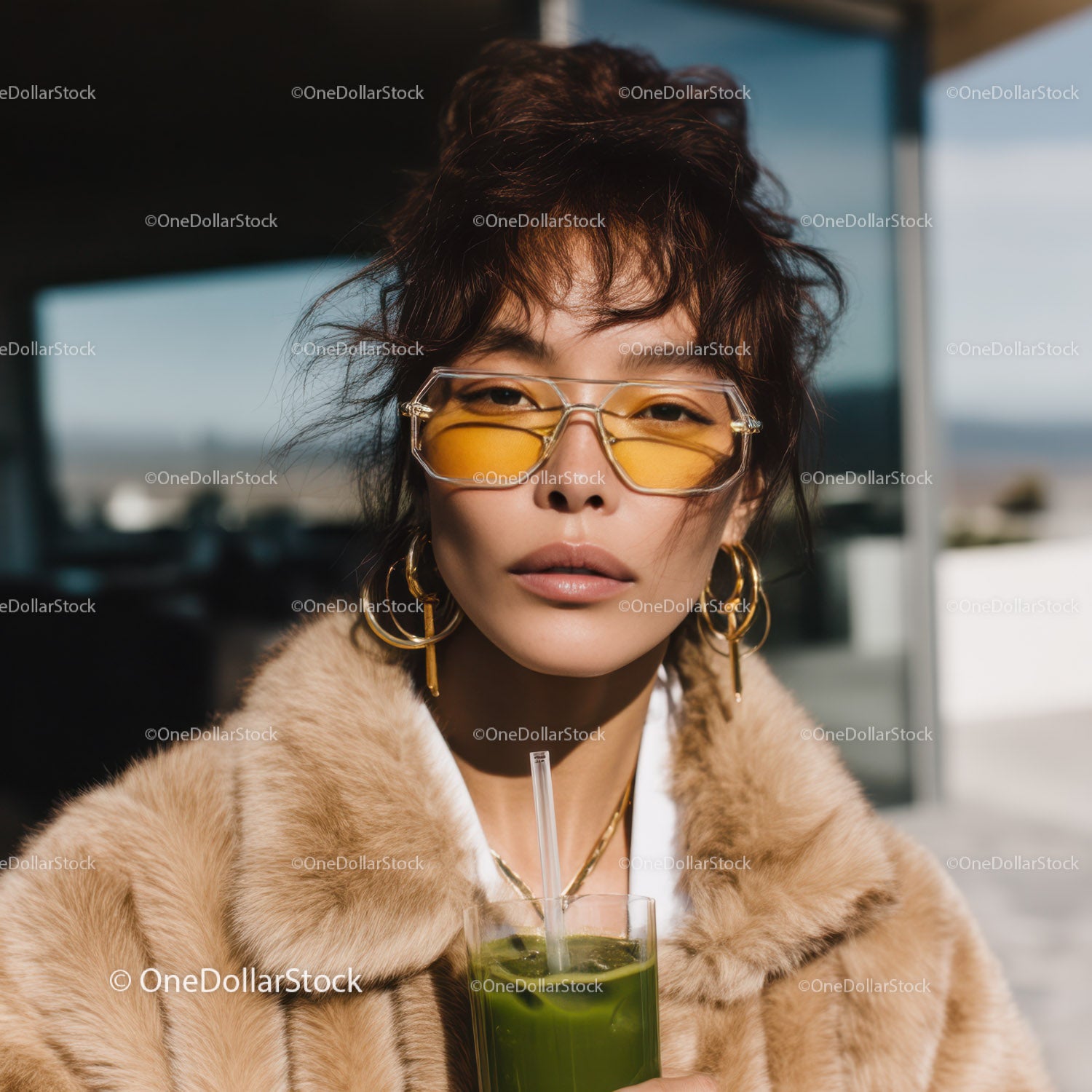 Fashionable Woman Wearing Sunglasses with Fur Coat Holding Green Juice