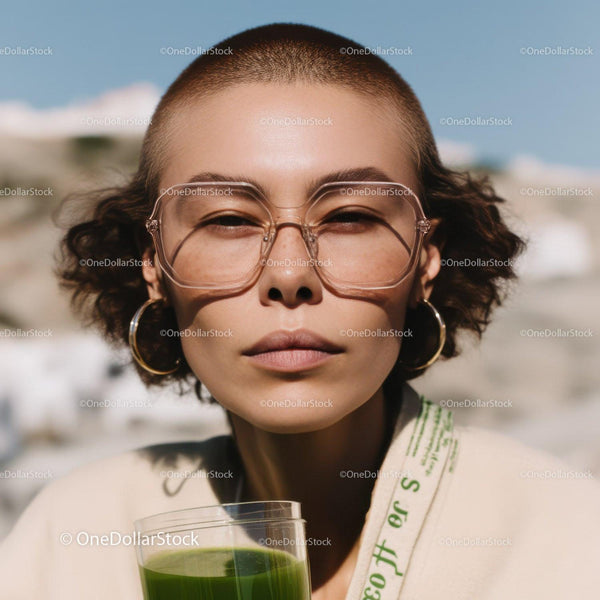 Young Woman with Short Hair Wearing Sunglasses Holding Green Drink