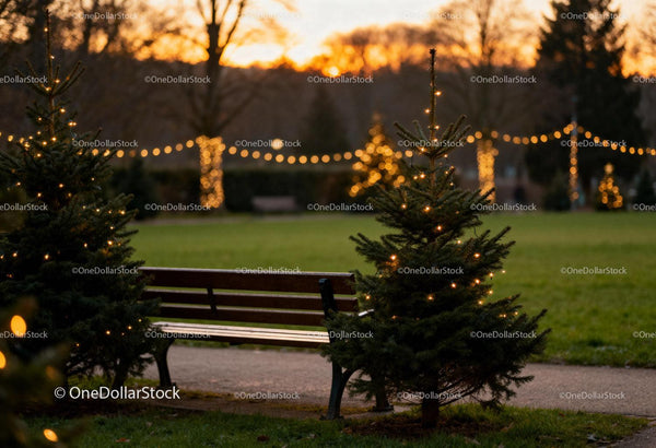 Christmas lights glowing on fir trees near park bench at dusk
