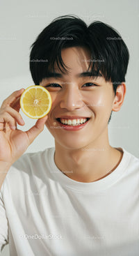 Young Man Smiling Holding Lemon Slice in Bright Studio Portrait