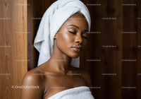 Relaxing Woman with Towel and Calm Expression in Spa Setting