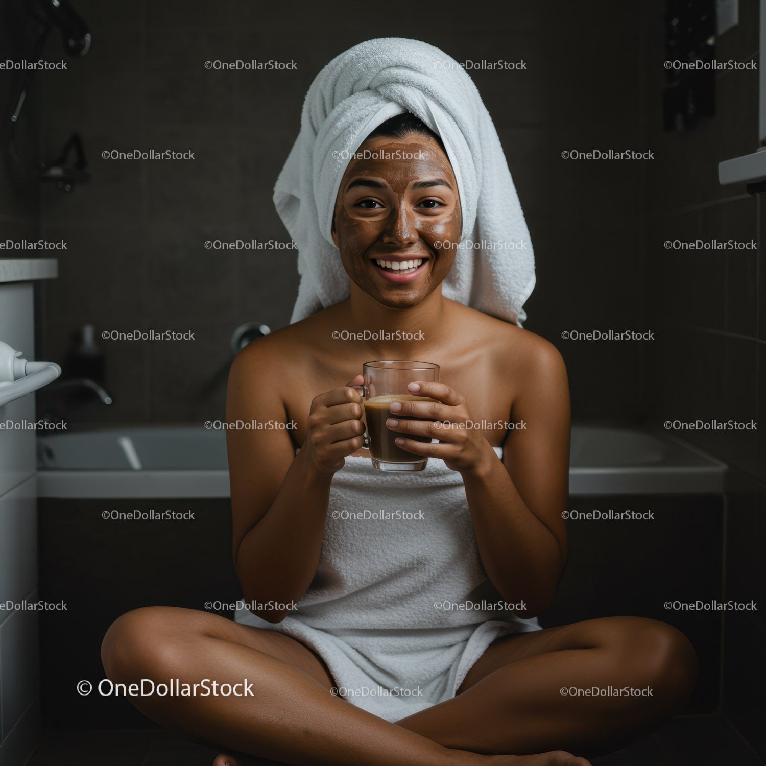 Young Woman with Face Mask and Towel Drinking Coffee in Spa