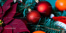 Close up of festive Christmas ornaments and poinsettia leaves