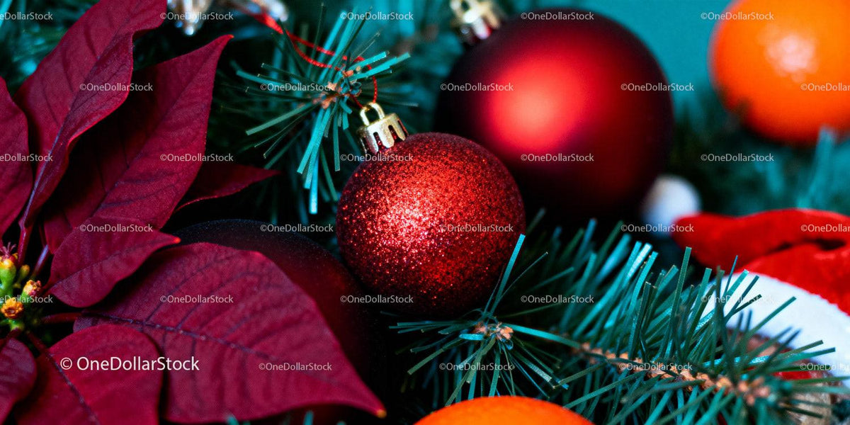 Close up of festive Christmas ornaments and poinsettia leaves