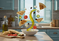 Mediterranean ingredients floating above white bowl on kitchen counter
