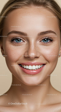 Close Up Portrait of Smiling Young Woman with Freckles