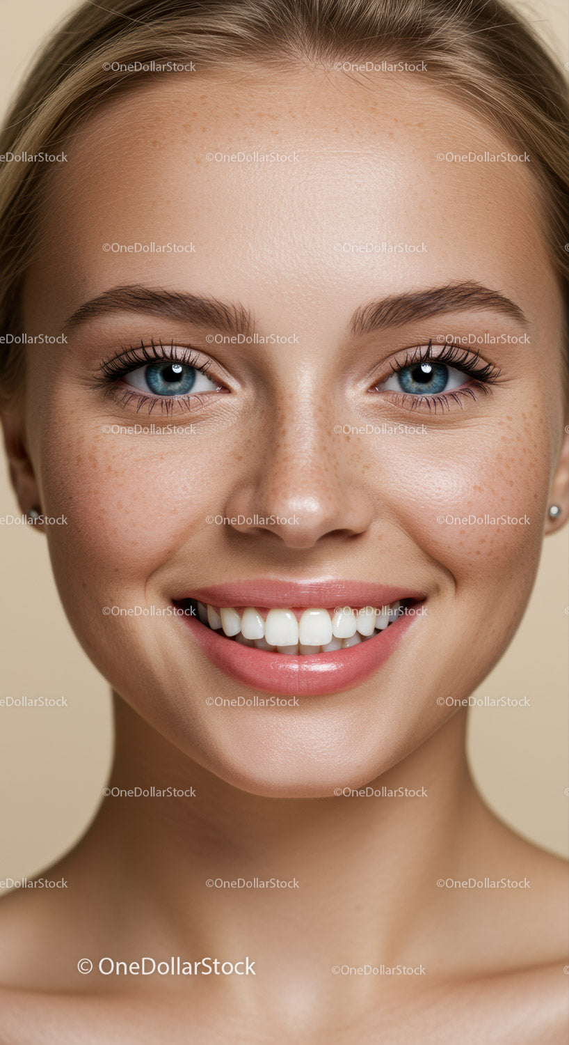 Portret uśmiechniętej młodej kobiety z piegami