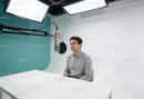 Man recording podcast in modern professional studio