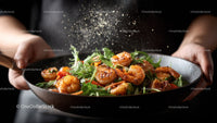 Fresh Shrimp with Vegetables In Gourmet Black Plate for Culinary Use