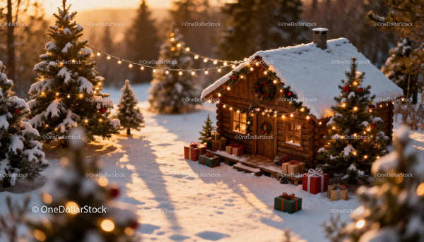 Cozy wooden cabin with Christmas decorations in snow
