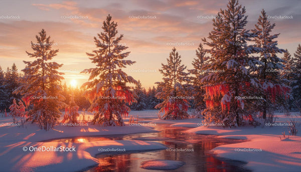 Sunset over snow-covered pine forest and frozen river