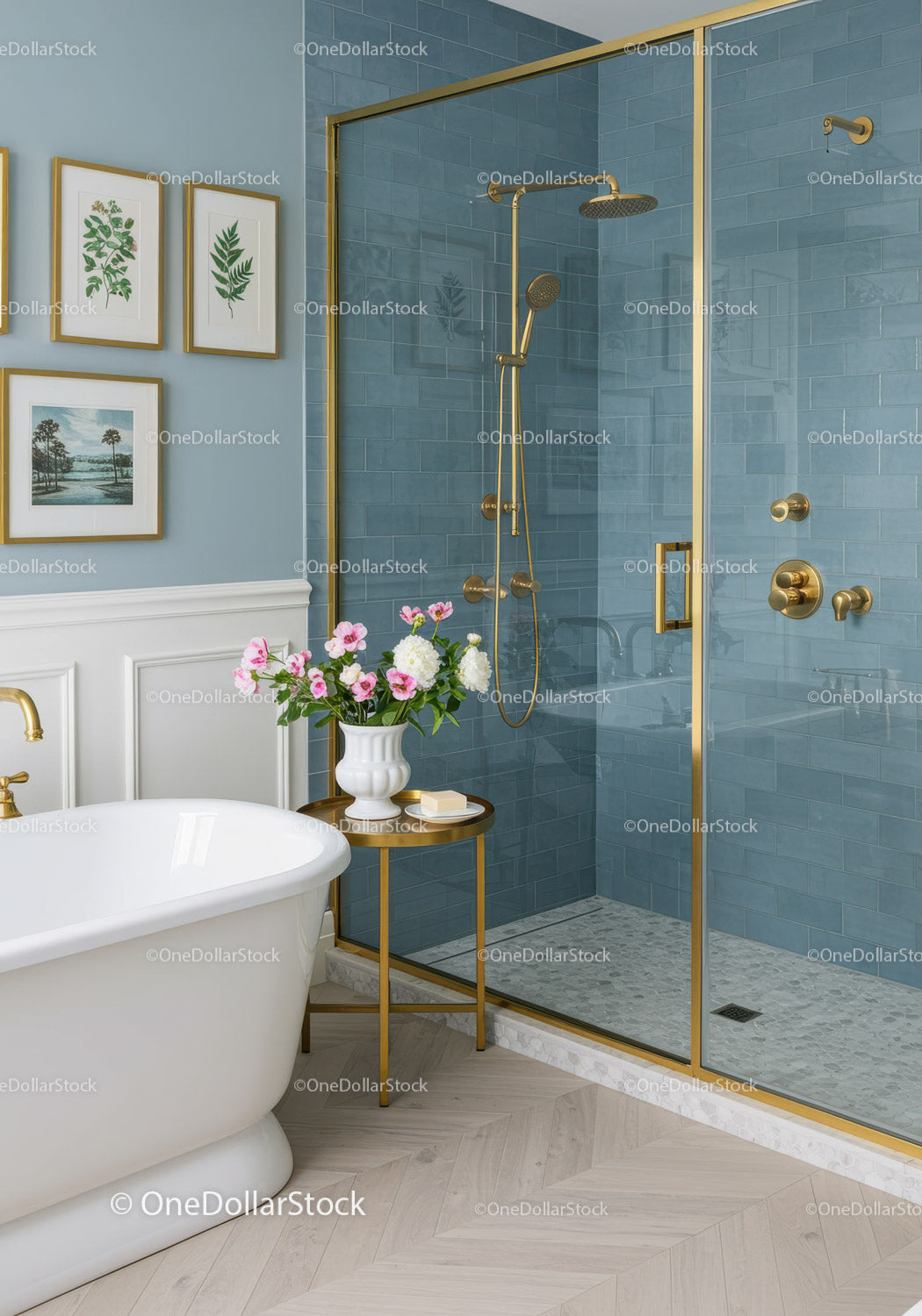 Modern Bathroom with Blue Tiles and Gold Fixtures