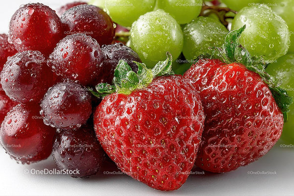 Juicy Strawberries and Green Red Grapes with Dew Drops