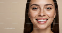 Close up portrait of young woman with freckles smiling