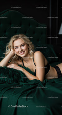 Smiling blonde woman relaxing on dark green bed