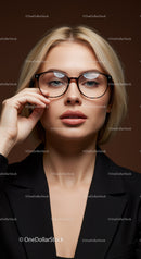 Fashionable Blonde Woman Wearing Glasses in Elegant Studio Portrait