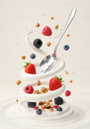 Fresh mixed berries and granola swirling in creamy yogurt