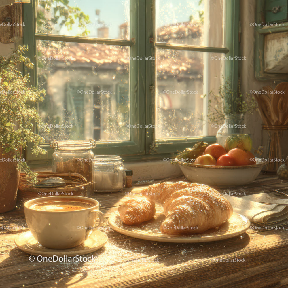 Fresh Croissants and Coffee Scene in Cozy Sunlit Kitchen
