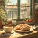 Fresh Croissants and Coffee Scene in Cozy Sunlit Kitchen