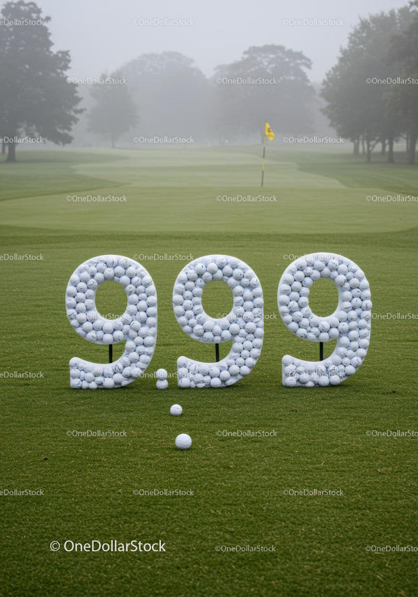 Piłki golfowe układające cenę 9,99 na mglistym polu golfowym