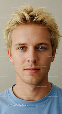 Young man with blonde spiky hair and blue eyes