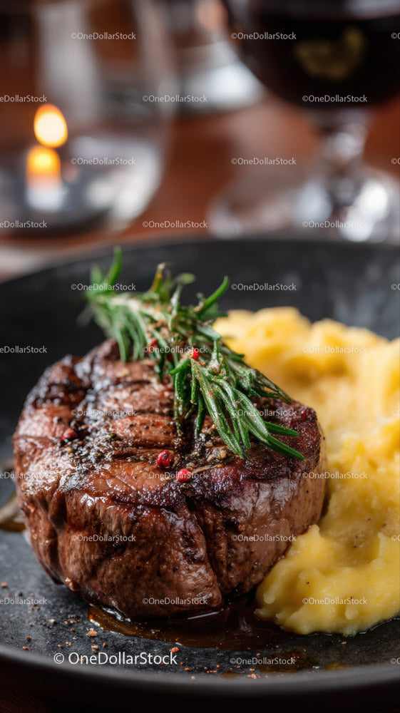 Gourmet Grilled Steak with Mashed Potatoes and Rosemary Garnish